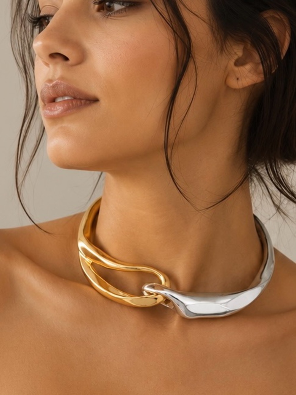Gold & Silver Tone Sculptural Collar Statement Necklace